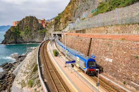Manarola, Italy – may 12, 2016: train station with unidentified people in Manarola. Manarola is one of the 5 picturesque villages of the Cinqueterre, they are listed under UNESCO world heritage sites